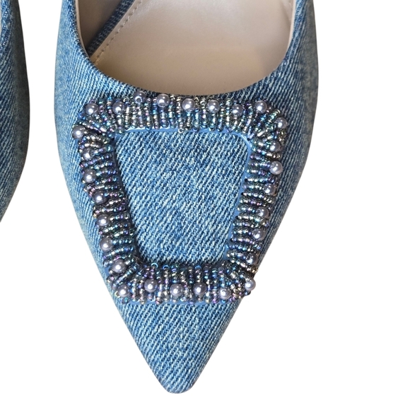 Sam Edelman Womens Harriett Scalloped Beaded Pointed Toe Denim Heels Size 9.5 - Picture 5 of 12